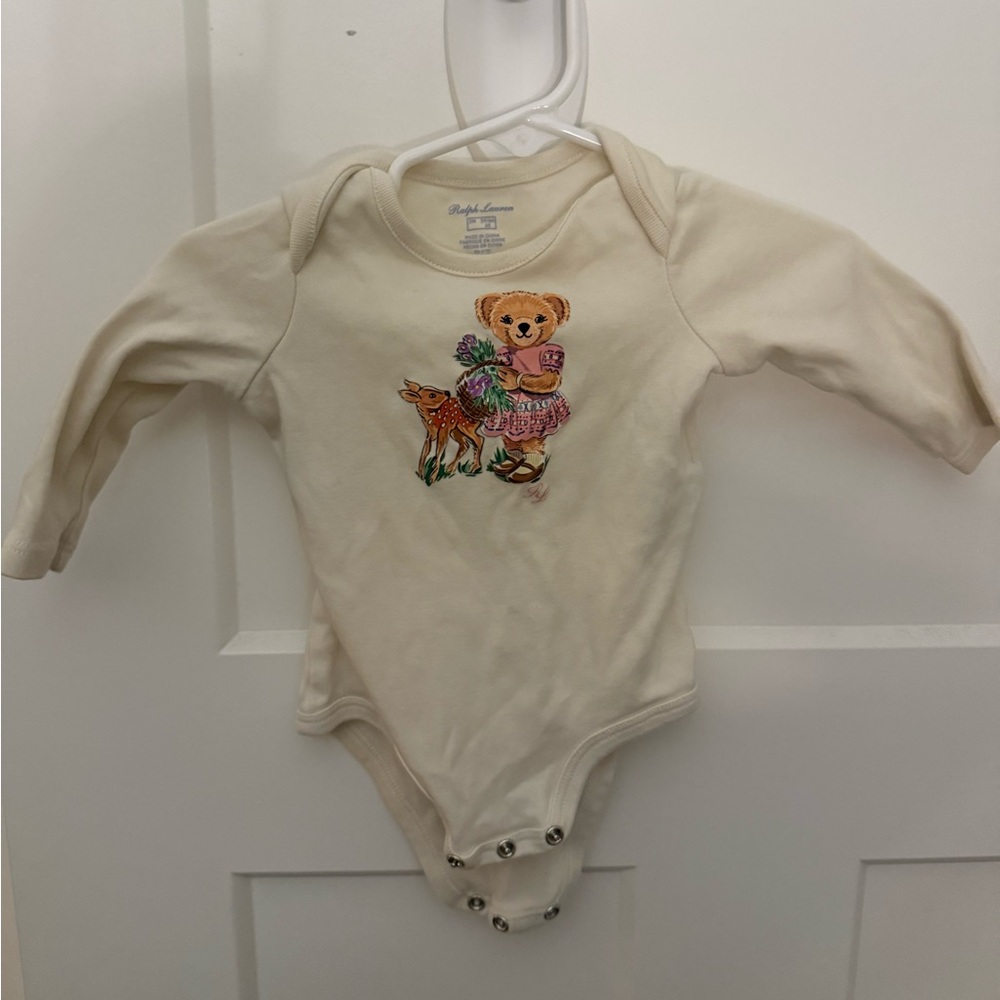 Ralph Lauren Baby Girl onesie long sleeve 3M teddy bear